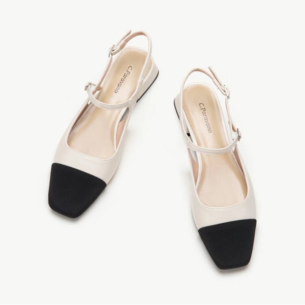 C.Paravano Slingback Flats with Square Toe Cream and Black Size 8.5​​​